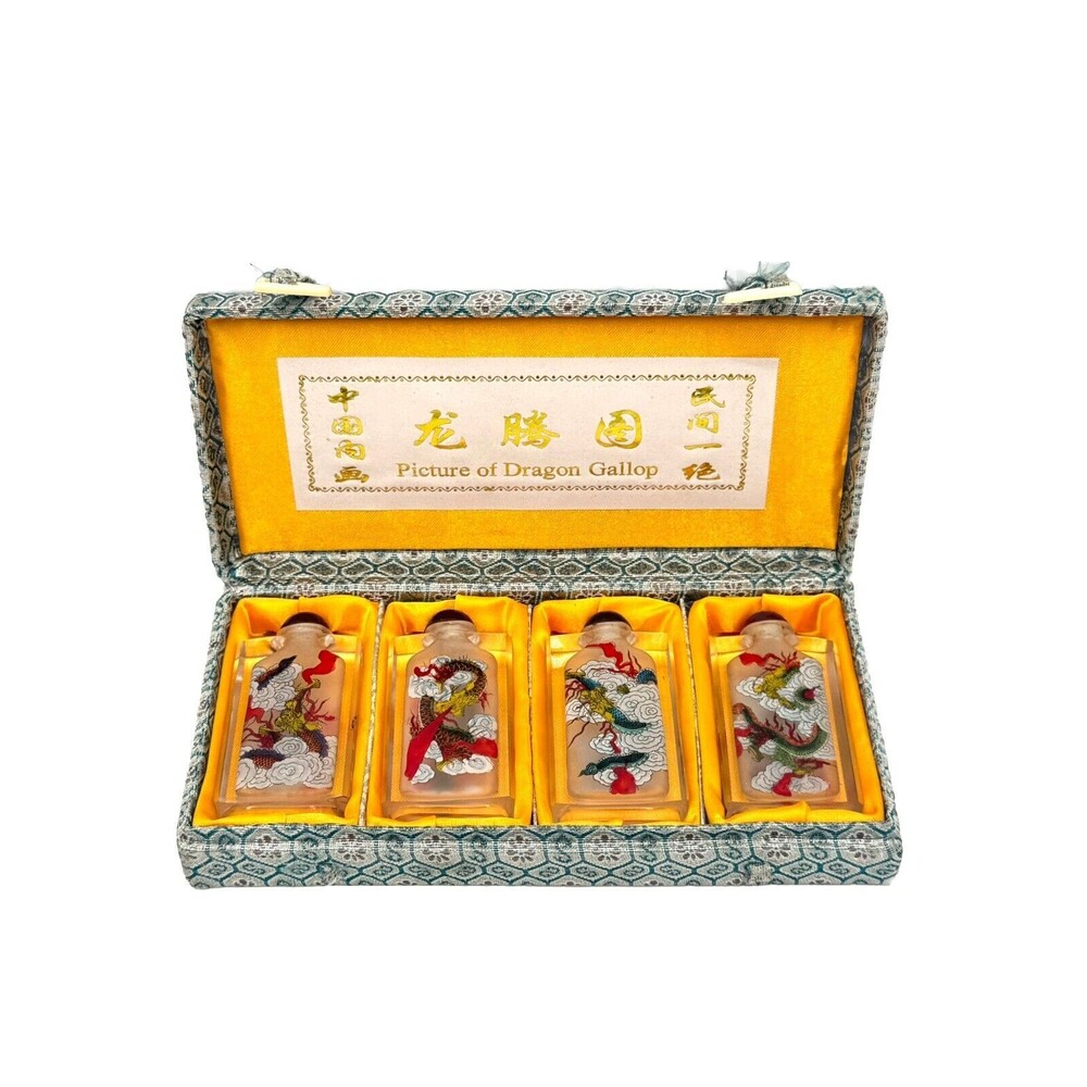 Vintage Chinese Snuff Bottle Reverse Painted w Lids Rectangular Set of 4 Thick